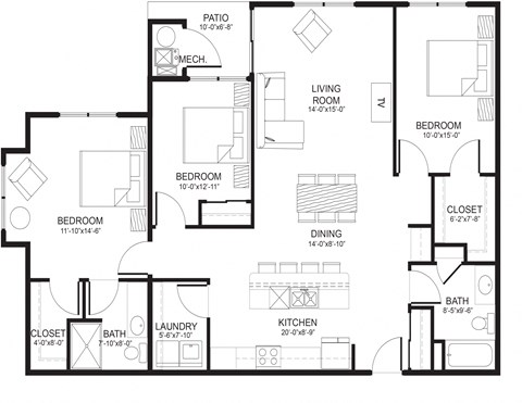 Floor plan for 3 beds, 2 baths, 1358 sqft